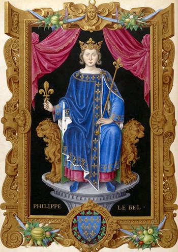 Philippe IV le Bel d'après le Recueil des rois de France de Jean du Tillet, vers 1550, Paris, BnF. L'agrandissement montre l'acteur Georges Marchal dans le rôle du monarque orgueilleux, Les Rois maudits, 1972, épisode I, Le Roi de Fer.