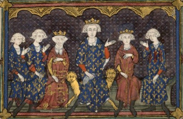 Philippe IV le Bel et sa famille. De gauche à droite, les enfants de Philippe IV, le prince Charles, futur Charles IV, le prince Philippe, futur Philippe V, la fille du roi Isabelle (reine d'Angleterre par son mariage avec Édouard II).  Au centre, le roi Philippe IV le Bel assis sur le trône.  Puis à droite, le fils ainé du roi, Louis (futur Louis X le Hutin) alors roi de Navarre et le frère du roi Charles de Valois père du futur roi Philippe VI, Paris, BnF.