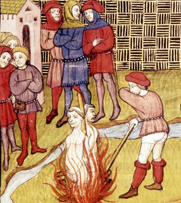 Détail d?une miniature de l?incendie du Grand Maître des Templiers Jacques de Molay et d?un autre Templier. Tiré des Chroniques de France ou de Saint Denis, Atelier Maître Virgile, Londres, British Library.