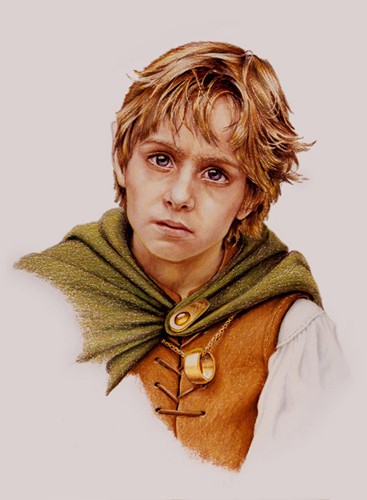 Frodon Sacquet, dessin de  Mark J. Ferrari, 1987. L'agrandissement est un dessin représentant La Compagnie de Thorin (groupe de treize nains Le Hobbit de J. R. R. Tolkien) à l'orée de Grand'Peur (forêt de la terre du Milieu).