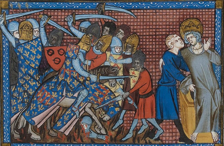 Bataille de Mansûra (1250). Enluminure du manuscrit du chroniqueur Guillaume de Saint-Pathus, Vie et miracles de Saint Louis, vers 1330-1340, Bibliothèque nationale de France