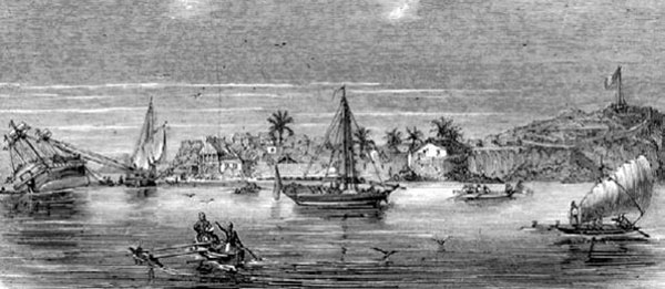 Dzaoudzi (1855), gravure tirée du Magazine pittoresque (dessin de Lebreton). Agrandissement : Dzaoudzi, rochers près de la plage de Papani.