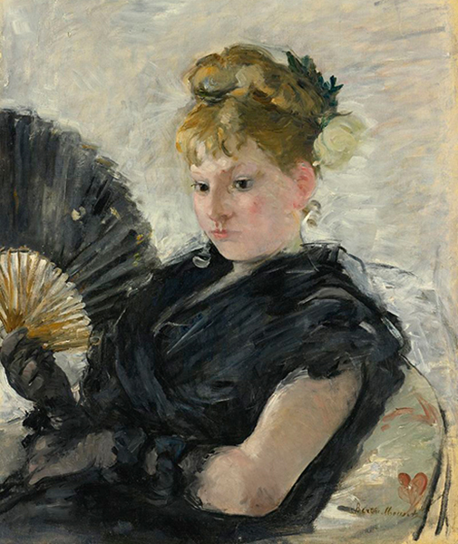Berthe Morisot, Femme à l'éventail, 1876, collection privée. Agrandissement : Berthe Morisot, Jeune fille au miroir, 1875, collection privée.