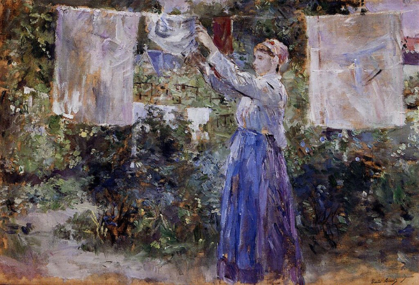 Berthe Morisot, La blanchisseuse ou femme étendant du linge, 1881, Copenhague, Ny Carlsberg Glyptotek. Agrandissement : Berthe Morisot, Les Foins à Bougival, 1883, Paris, musée Marmottan Monet.