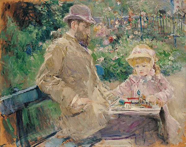 Berthe Morisot, Eugène Manet et sa fille dans le jardin de Bougival, 1881, Paris, musée Marmottan Monet. Agrandissement : Berthe Morisot, Autoportrait avec sa fille, 1885, Paris, musée Marmottan Monet.