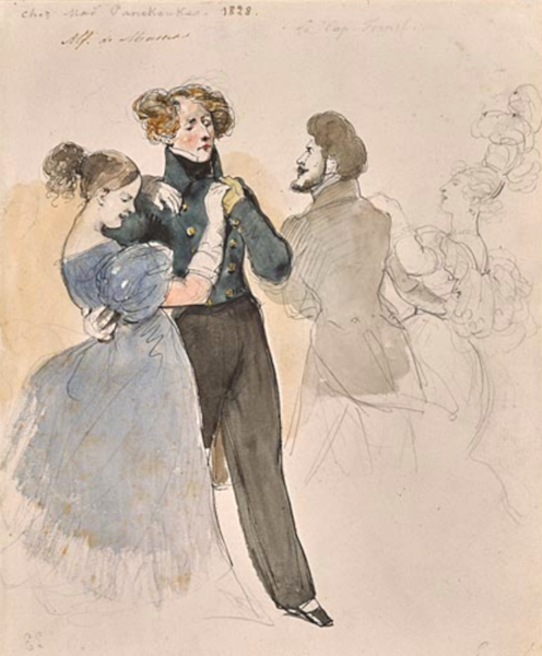 Eugène Lami, Alfred de Musset dansant, s. d., New York, The Morgan Library and Museum. Agrandissement : G. A. de la Foulhouze, Les Nuits de Musset, 1886, Clermont-Ferrand, Musée d'Art Roger Quillot.