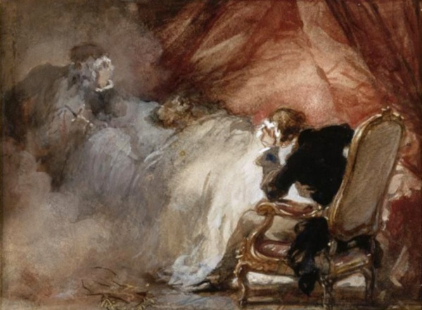 Eugène Lami, La Nuit de décembre, 1881, Rueil-Malmaison, châteaux de Malmaison et Bois-Préau. Agrandissement : Eugène Lami, La Confession d'un enfant du siècle, Rueil-Malmaison, châteaux de Malmaison et Bois-Préau.