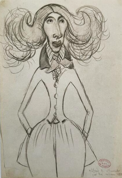 Alfred de Musset, Autoportrait, 1833, Paris, Bibliothèque de l'Institut de France. Agrandissement : Alfred de Musset et la lune comme un point sur un i, dessin pour l'album de George Sand, 1834, Paris, Bibliothèque de l'Institut.