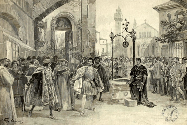 Sire Maurice provoquant Lorenzaccio en présence du duc Alexandre de Médicis, 1896, Paris, BnF.