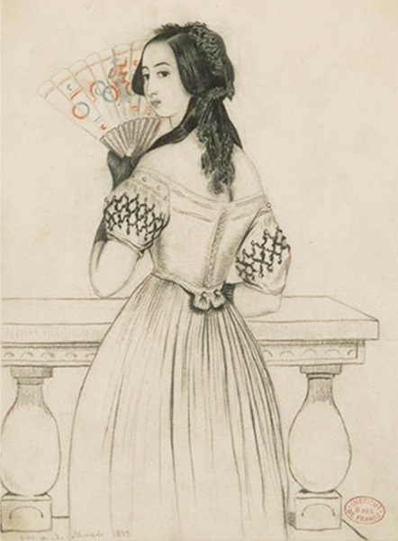 Alfred de Musset, Portrait de George Sand, 1833, Paris, Bibliothèque de l'Institut de France. Agrandissement : Alphonse Mucha, Sarah Bernhardt dans le rôle de Lorenzaccio, affiche de 1896.