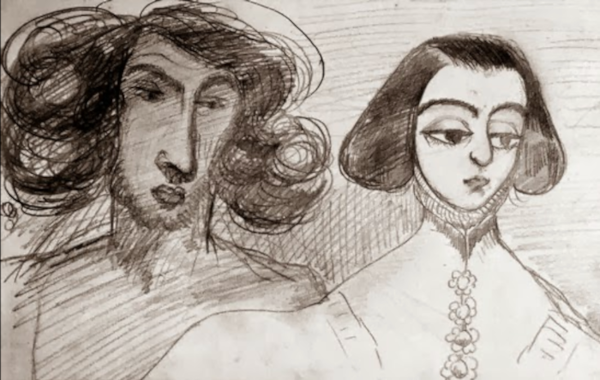 Alfred de Musset, Autoportrait avec George Sand, 1833-1834, coll. Part. Agrandissement  : Alfred de Musset, Caricature de Musset et George Sand lors d'un voyage en Italie, 1833, Paris, BnF.