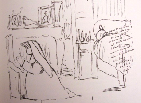 Alfred de Musset, Portrait de sa s?ur Marcelline le veillant alors qu'il est malade, dessin issu d'une lettre à sa marraine Caroline Jaubert, 28 octobre 1842. Agrandissement : Eugène Lami, La Nuit d'octobre, 1881, Rueil-Malmaison, châteaux de Malmaison et Bois-Préau.