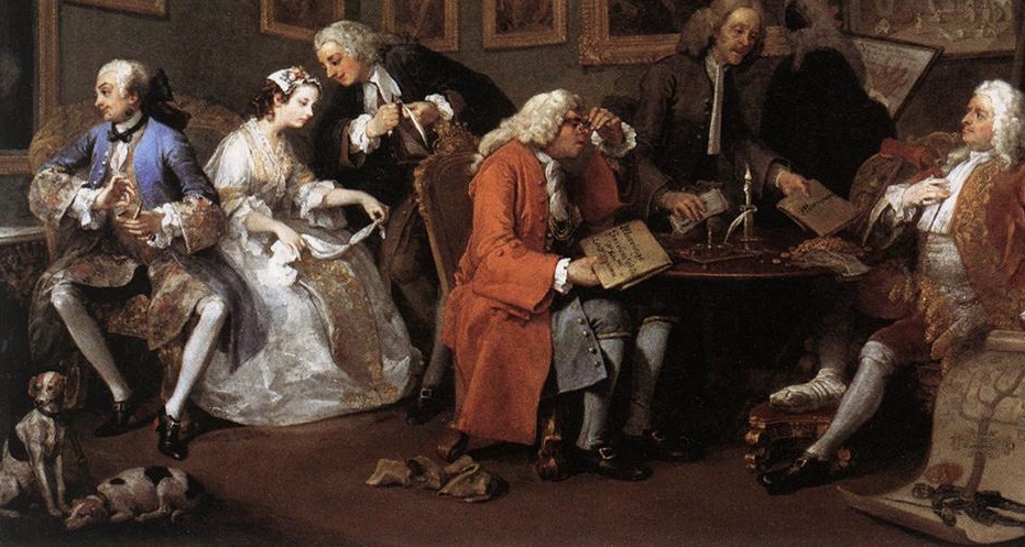 Le contrat de mariage, Mariage à la mode, 1er tableau (William Hogarth, 1742, National Gallery, Londres)