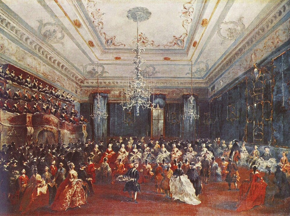 Concert de gala dans la salle des Filarmonicien 1786 avec, dans la tribune, à gauche, un choeur d'un Ospedale vénitien (1786, Francesco Guardi, Alte Pinakothek, Munich)