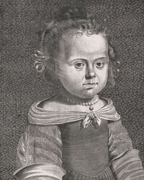 Gravure d'Élisabeth-Charlotte enfant, d'après Vaillant, vers 1655.