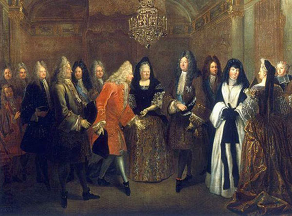 Louis de Silvestre, Madame (au centre) présentant le futur roi de Pologne et prince électeur de Saxe à Louis XIV, 1715, Château de Versailles.