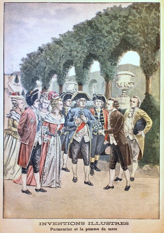 Parmentier offre au roi Louis XVI et à la reine une fleur de pomme de terre sur son champ des Sablons, selon une chronique quelque peu romanesque (Le Petit Journal, 1901)