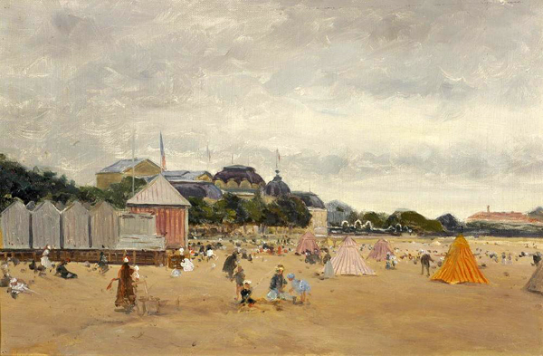 Arthur Gué, Royan, plage de la Grande Conche, 1880. Agrandissement :  Royan, plage de Grande Conche, port, front de mer et l'église Notre-Dame de Royan construite par l'architecte Guillaume Gillet en 1958.
