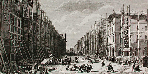 Travaux du préfet Haussmann : le percement des grandes avenues : prolongement de la rue de Rivoli. Agrandissement : Expropriations déménagements des habitants de la Butte-des-Moulins à Paris (aujourd'hui disparue), Paris, BnF.