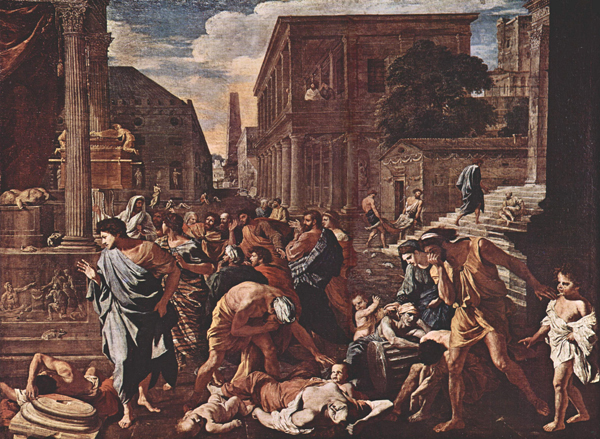 La Peste d'Asdod, ou Les Philistins frappés de la peste, 1630-31, Nicolas Poussin, Paris, musée du Louvre.  Agrandissement : La Peste d'Athènes, François Perrier, dit Le Bourguignon, XVIIe siècle, musée des beaux-arts de Dijon.