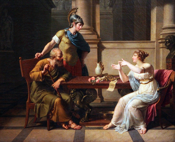 Le débat de Socrate et Aspasie, Nicolas-André Monsiau, vers 1800, Moscou, musée national des beaux-arts Pouchkine. Agrandissement : Socrate venant chercher Alcibiade chez Aspasie, Jean-Léon Gérôme, 1861, coll. particulière.