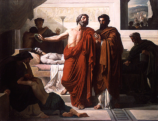 Périclès devant le lit de mort de son fils. Le premier tableau est de Nicolas-François Chifflart, 1851, Paris, école nationale supérieure des Beaux-Arts. Le second, lors de l'grandissement est de Charles-Augustin-Victor Doërr, 1851, La Rochelle, musée des Beaux-Arts.