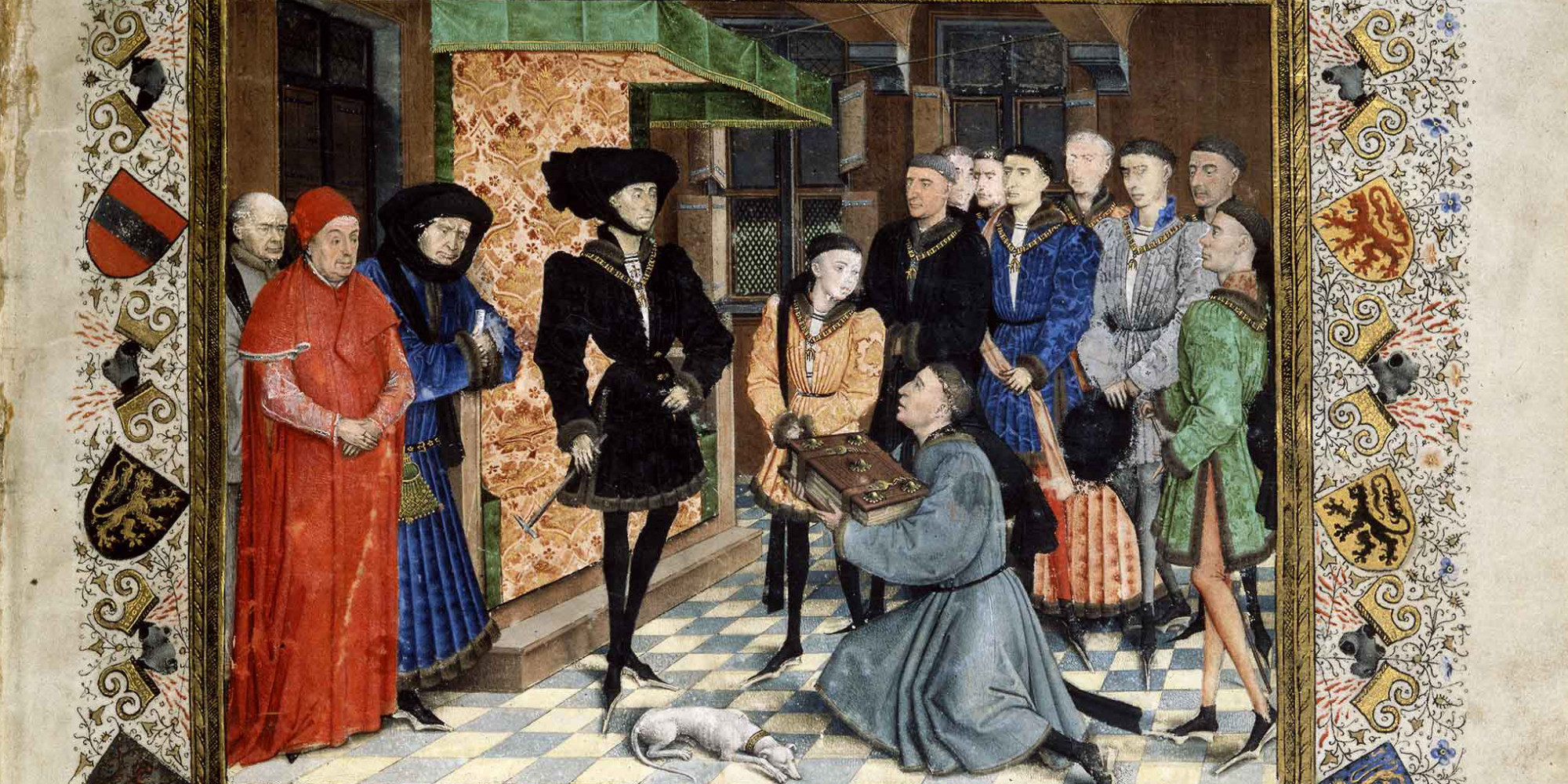 Philippe le Bon recevant en conseil l?hommage des Chroniques de Hainaut des mains de Simon Nockart