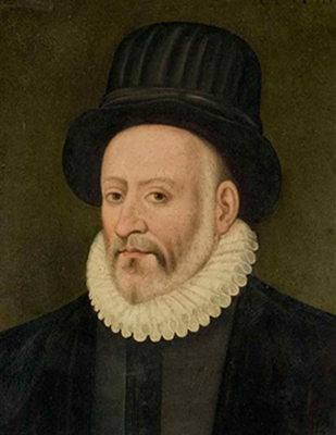 Portrait pr&eacute;sum&eacute; de Montaigne, attribu&eacute; &agrave; &Eacute;tienne Martellange, 1587. Agrandissement : Alphonse de Lamartine et ses petits l&eacute;vriers italiens, Henri de Caisne, 1839, mus&eacute;e des Ursulines de M&acirc;con.