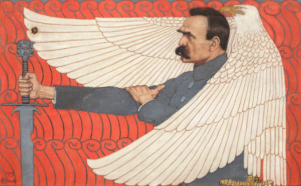 Józef Piłsudski par Edward Okuń, 1919. Agrandissement : le maréchal Józef Piłsudski décore de la Croix d'argent de l'Ordre des Virtuti Militari le 20 mars 1920, la bannière du 1er régiment de Krechowiec Uhlan, Leonard Winterowski, 1923.