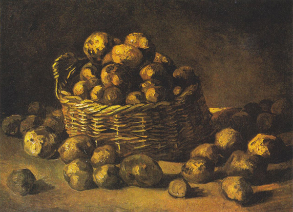 Vincent van Gogh, Nature morte avec un panier de pommes de terre, 1885, Amsterdam, musée Van Gogh. Agrandissement : Parmentier offre une fleur de pomme de terre à Louis XVI, gravure extraite d'un livre scolaire, début du XXe siècle.