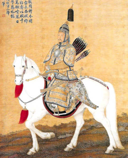 L'empereur Kangxi en armure, monté sur un cheval. Agrandissement : l'empereur Qianlong, Cité interdite, musée du Palais impérial. 