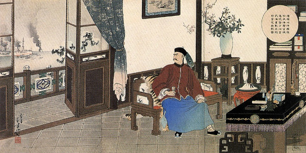 L'amiral chinois Ding Juchang assiste à la destruction de sa flotte à Weihaiwei, Mizuno Toshikata, 1895. Agrandissement : l'amiral Ding Ruchang sur le point de se suicider après sa reddition aux forces japonaises, Migita Toshihide, 1895.