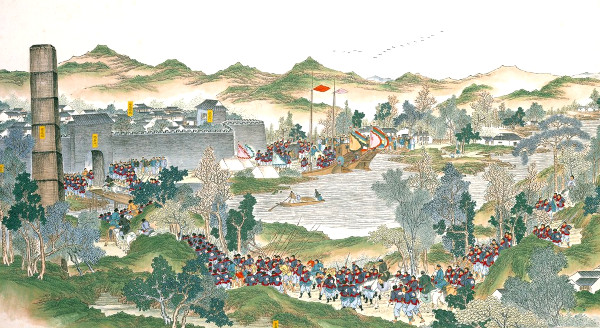 Scène de la Révolte des Taiping, Wu Youru, 1886. Agrandissement : Buste de Hong Xiuquan, Hakka (Chinois Han) se proclama « Empereur du Ciel » et s'opposa à l'empereur Xianfeg. Il fut l'un des instigateurs de la révolte des Taiping.