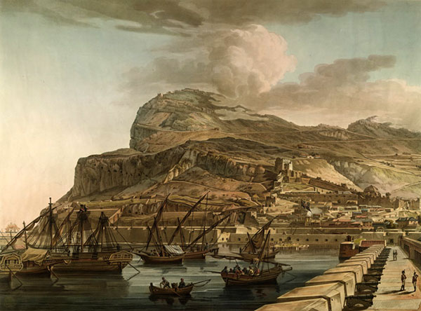 T. Malton Jr, Vue nord du rocher de Gibraltar depuis les lignes espagnoles, 1782. 