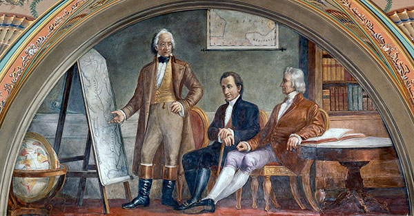 Fresque de Constantino Brumidi, 1875, aile du Sénat, Capitole des États-Unis. Le marquis Barbé-Marbois, représentant du gouvernement français, est représenté debout, montrant une carte à Robert Livingston, coordonnateur des négociations et à James Monroe, ministre en France.