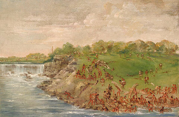 George Catlin, Ojibwés autour des chutes de Saint-Antoine (cours supérieur du Mississippi), vers 1835, Washington, Smithsonian American Art Museum. Agrandissement : Eugène Delacroix, Couple Natchez avec leur enfant nouveau-né sur les rives du fleuve Mississippi, 1835, Washington, The Met. Inspiré par le roman Atala de Chateaubriand (1801) qui a pour cadre la Louisiane française.
