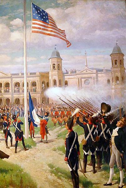 Thure de Thulstrup, Première levée du drapeau américain lors de l'achat de la Louisiane, sur la place d'Armes (aujourd'hui Jackson Square), à La Nouvelle-Orléans, le 30 décembre 1803, La Nouvelle-Orléans, Louisiana State Museum.