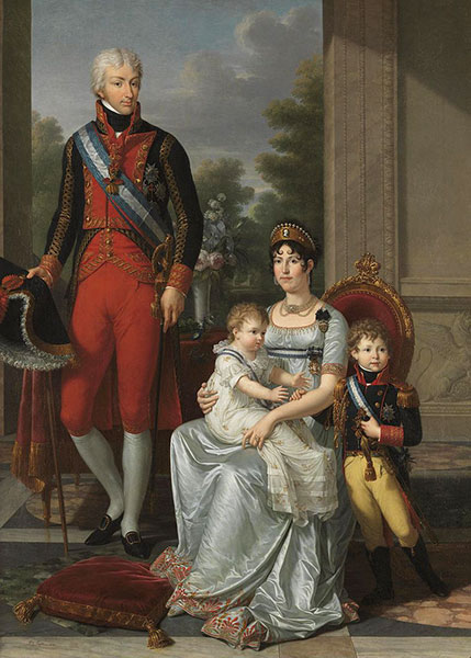 François-Xavier Fabre, La Famille royale d'Étrurie, 1804, Madrid, musée du Prado. Louis d'Étrurie, son épouse la reine Marie-Louise (née María Luisa d'Espagne) et leurs deux enfants : Charles-Louis et Marie-Louise Carlota, princesse héritière de Saxe.