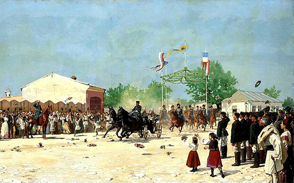 Entrée d'Alexandre II à Ploiesti (Roumanie), le 15 juin 1877, Nikolaï Dmitriev-Orenbourgski. Agrandissement : Alexandre II dans un traîneau traverse un village sous la neige, Mihaly von Zichy, XIXe siècle.