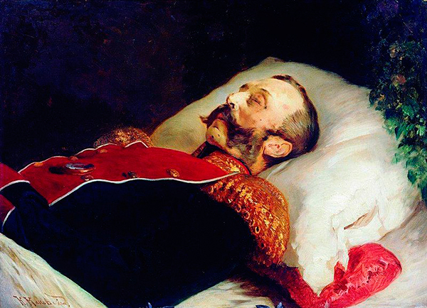 Alexandre II sur son lit de mort, Constantin Makovski, 1881, Moscou, Galerie Tretiakov. Agrandissement : Transfert du corps du défunt du Palais d'Hiver à la cathédrale Pierre-et-Paul de Bose le 7 mars 1881, lithographie de V. Ivanov, 1881.