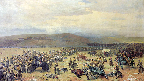 Le Dernier combat de Plevna (28 novembre 1877) et le Passage du Danube par les forces russes, Nikolaj Dmitriev-Orenburgskij, 1889, Moscou, musée historique militaire de l'artillerie.