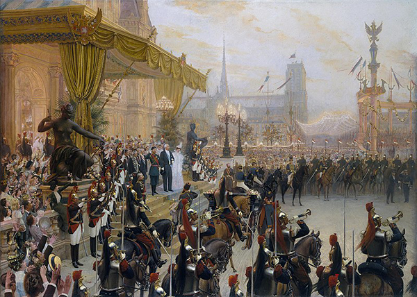 Réception solennelle de Nicolas II à Paris, 1896, Georges Becker, Saint-Pétersbourg, musée de l'Ermitage. Agrandissement : Perspective de l'avenue Nicholas II et du pont Alexandre III, Exposition universelle, 1900, Washington, Library of Congress.