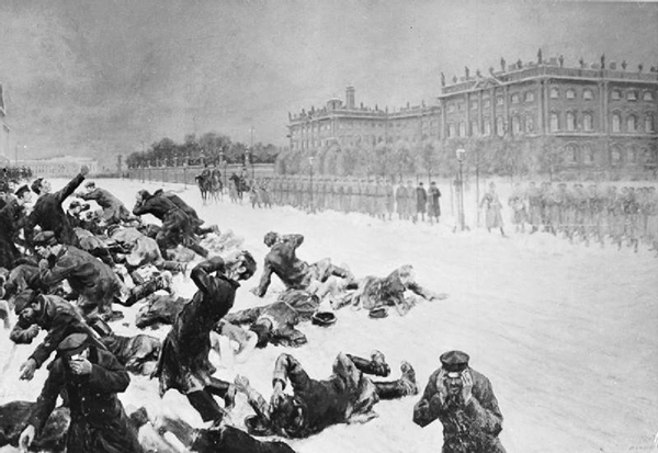 La révolution russe, 1905. Impression artistique du dimanche sanglant à Saint-Pétersbourg, en Russie, lorsque des manifestants non armés défilant pour présenter une pétition au tsar Nicolas II ont été abattus par la garde impériale devant le palais d'hiver le 22 janvier 1905, Ivan Vladimirov.