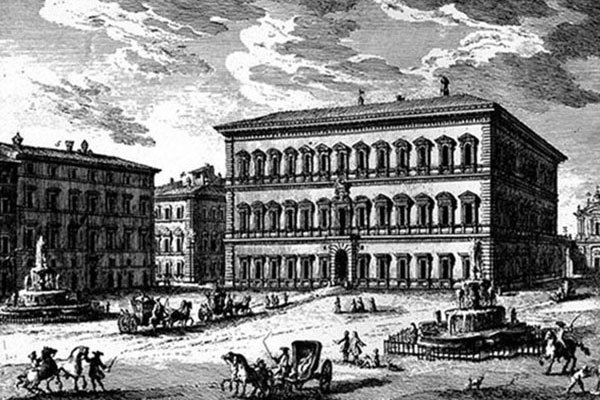 Piazza Farnese, gravure de Giuseppe Vasi, 1750. Agrandissement : l'une des vasques de la fontaines aux fleurs de lys des Farnèse.