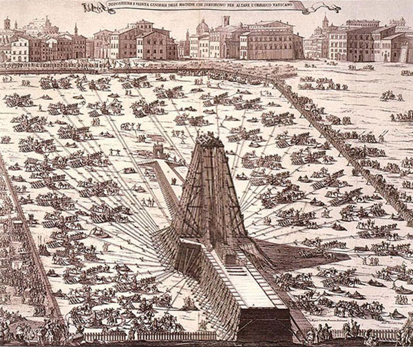 Érection de l'obélisque sur la place Saint-Pierre en 1586, dessin de Niccola Zabaglia, 1743. Agrandissement : Saint-Pierre de Rome.