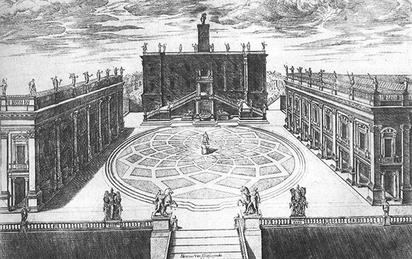 La place du Capitole redessinée par Michel-Ange. Gravure d'Étienne Dupérac, 1569. Agrandissement : Statue en bronze de Marc-Aurèle, place du Capitole à Rome. Copie moderne d'un original romain du IIe siècle ap. J.-C., aujourd'hui conservé au Palais Neuf, musées du Capitole.