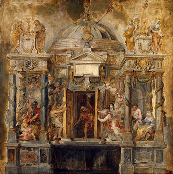 Pierre Paul Rubens, Temple de Janus, 1634, Saint-Pétersbourg, musée de l'Ermitage. Agrandissement : Auguste fait fermer les portes du Temple de Janus, Louis de Boullogne, XVIIe siècle.