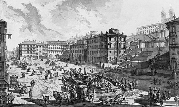 Vue du sud de la Piazza di Spagna, eau-forte de Giovanni Battista Piranesi, XVIIIe siècle. Agrandissement : Vue actuelle de de la Piazza di Spagna. 