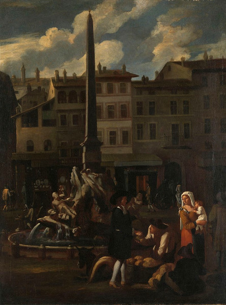 Scène de marché à Rome. Vue de la fontaine Fonta dei quattro Fiumi sur la Piazza Navona, XVIIe siècle, Amsterdam, Rijksmuseum. Agrandissement : Vue actuelle de l'obélisque et de la fontaine des Quatre-Fleuves de la piazza Navona á Rome.