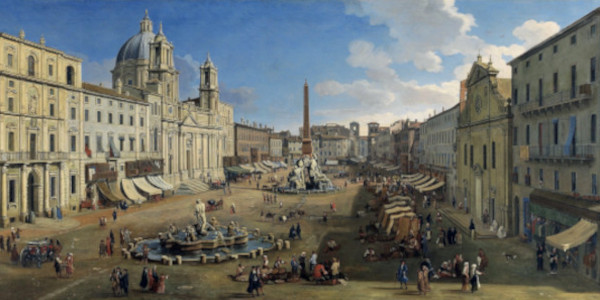 Caspar van Wittel, Piazza Navona, 1699, Madrid, musée national Thyssen-Bornemisza. Agrandissement : Vue actuelle de la Piazza Navona.